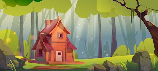 Houten huis in zomer bos oude shack onbewoonde boswachter of heks hut in diep hout met vallende zon balken onder groene bomen en rotsen rond pc game achtergrond Cartoon vectorillustratie