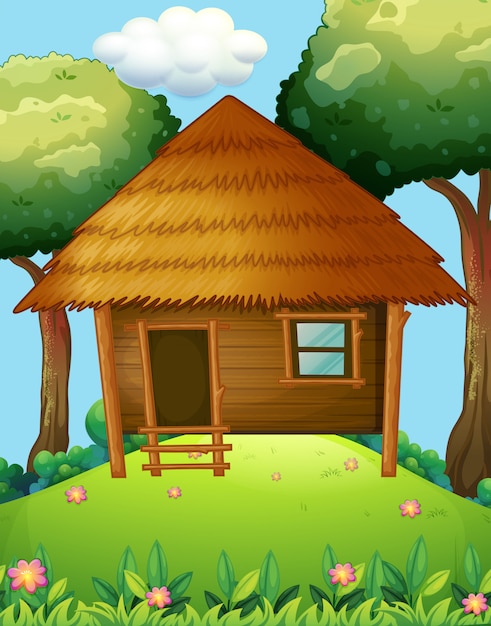 Gratis vector houten hut op de heuvel