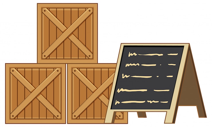 Gratis Vector houten kratten met menu zwarte raad die op witte blackground wordt geïsoleerd