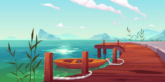 Gratis vector houten pier en boot op rivier natuurlijke landschap