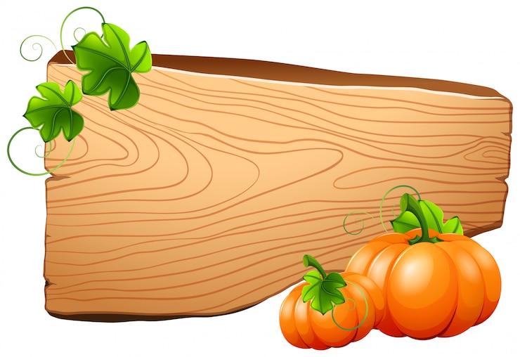 Gratis Vector houten plank en pompoenen op wijnstokken
