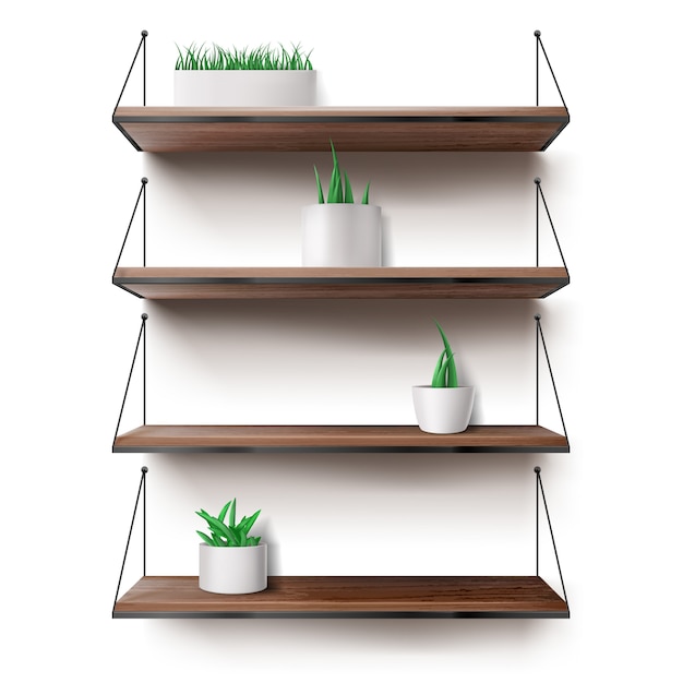 Gratis vector houten planken opknoping op touwen met planten potten