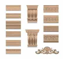 Gratis vector houten realistische elementen van muurdecoratie in klassieke stijl zo als kroonlijstplintpijlerdecor geïsoleerde vectorillustratie