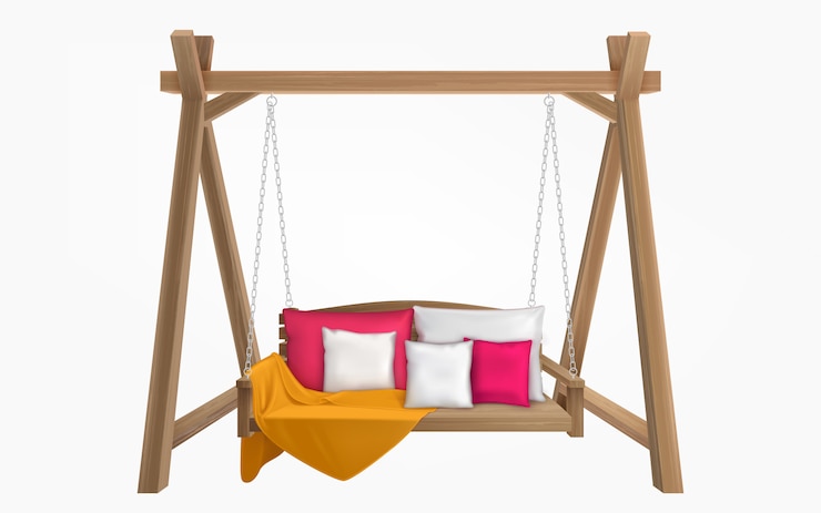 Gratis Vector houten schommelbank met kussens en deken