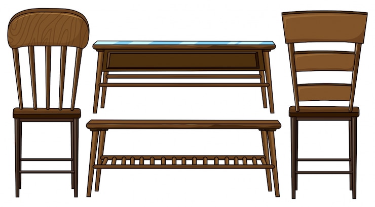 Gratis Vector houten stoelen en tafels illustratie
