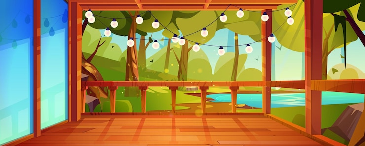 Gratis Vector houten veranda of terras van een huis in het bos