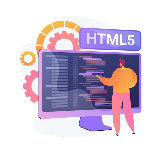 Gratis vector html5-programmering. ontwikkeling van internetwebsites, engineering van webapplicaties, schrijven van scripts. html-code-optimalisatie, programmeur die bugs verhelpt.