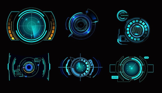 Hud gebruikersinterface radar set imiteert elementen van ruimteschip high-tech doelscherm geïsoleerd op zwarte achtergrond vectorillustratie