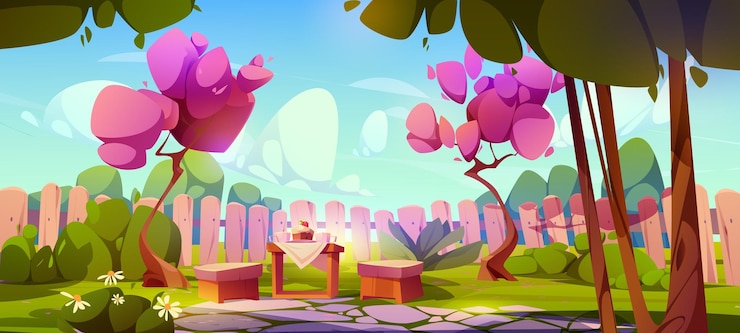 Gratis Vector huis achtertuin tuin met hek in zomer cartoon achtergrond buitenterras buitenkant met sakura boom tafel stoel en lente natuur buurt landschap illustratie met bos op zonnige dag