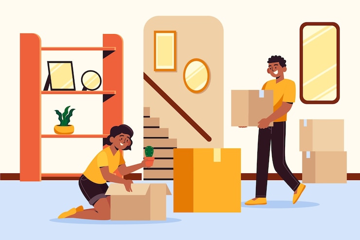 Gratis Vector huis bewegende paar gele overhemd dragen
