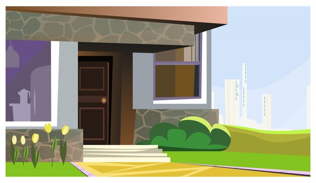 Huis dat met bloemen en struikillustratie wordt verfraaid
