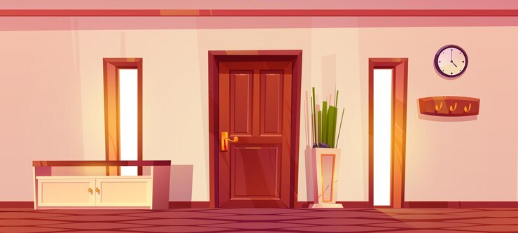 Gratis Vector huis hal interieur met gesloten deur ramen schoenen rek klok en kledinghaken aan de muur cartoon vectorillustratie van moderne huis hal met houten meubilair en plant in marmeren pot