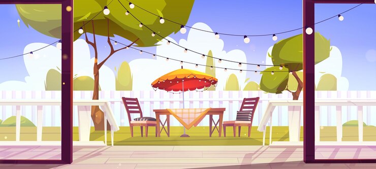 Gratis Vector huis houten terras en uitzicht op achtertuin