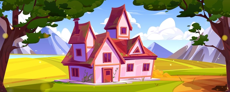 Gratis Vector huis in bos dichtbij berg vectorlandschap