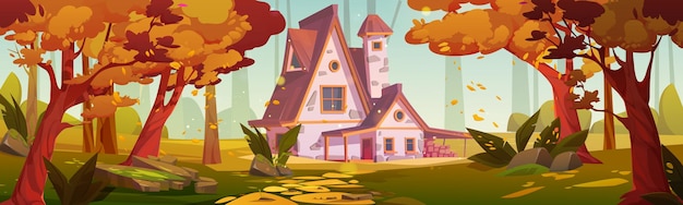 Gratis vector huis in de herfst bos buiten vector landschap achtergrond game avontuur omgeving scène met oranje boomhut en vallende bladeren mooi huisje thuis afbeelding met weg cartoon afbeelding