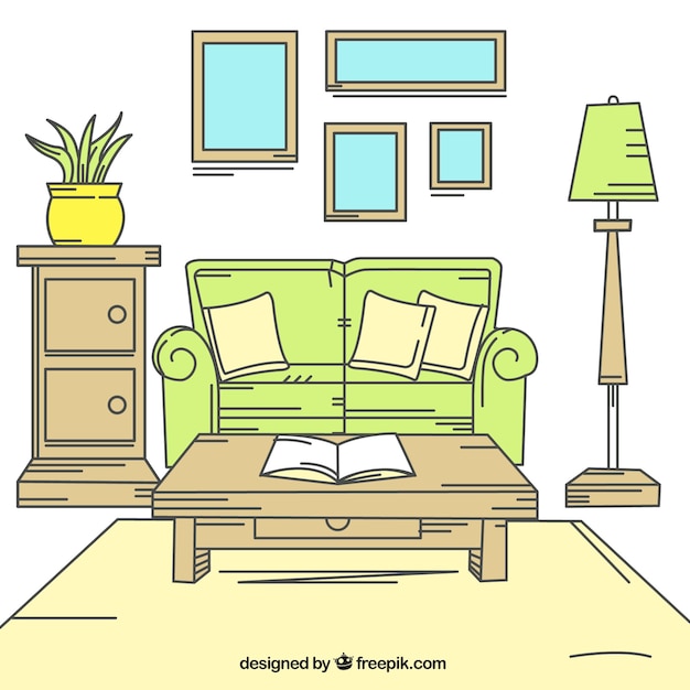 Gratis vector huis interieur met houten meubels en groene gegevens