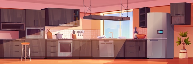 Huis keuken interieur met modern meubilair en schoon servies cartoon vectorillustratie van grote kamer met bruine lades en kasten koelkast ovenschotels in gootsteen zon schijnt door raam