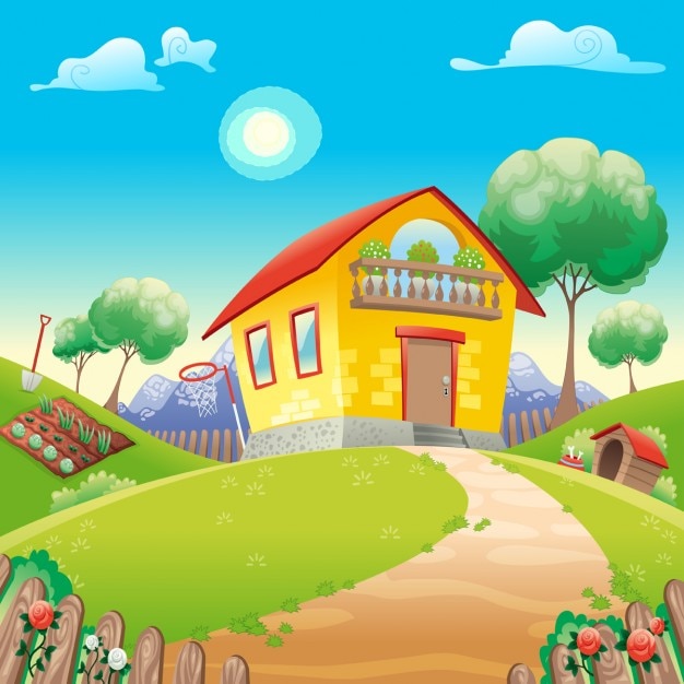 Huis met tuin int het platteland vector cartoon illustratie