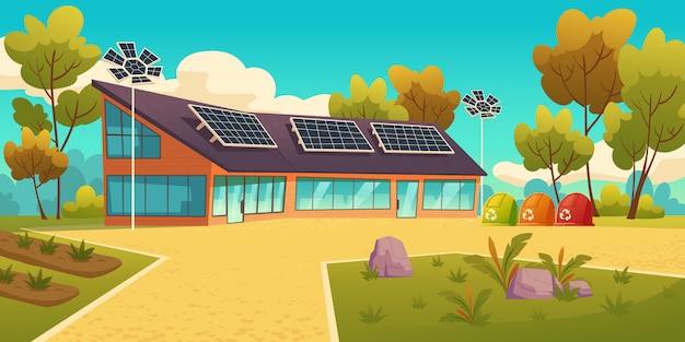 Gratis vector huis met zonnepanelen en sorteerbakken