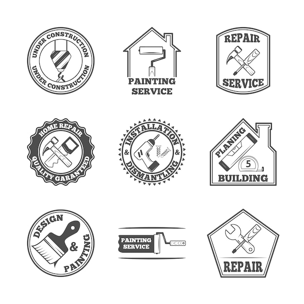 Gratis vector huis reparatie panting service kwaliteit gebouw installatie ontwerp labels set met zwarte tools iconen geïsoleerde vector illustratie