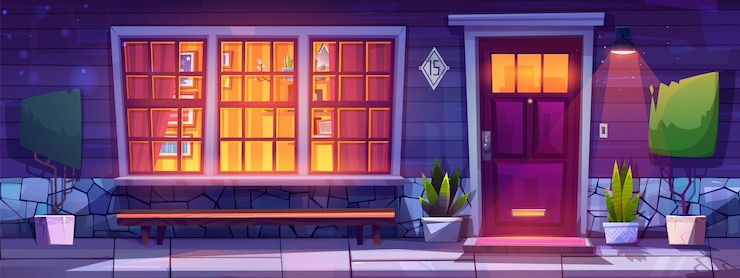 Gratis Vector huis veranda en voordeur 's nachts