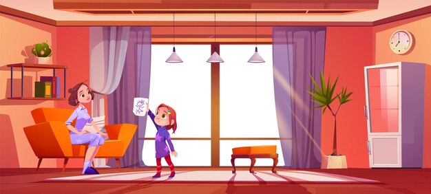 Huis woonkamer interieur met kindershow tekenen