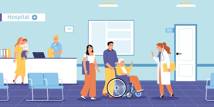 Gratis Vector huisartssamenstelling met binnenlandschap van de receptie van het ziekenhuis met familieleden en medische specialisten vectorillustratie