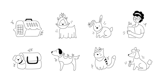 Huisdier veterinaire kliniek lijn pictogramserie. ziek huisdier, dier, kat, hond voor dierenarts sticker sjabloon. doodle lijnstijl dier en karakter. vector illustratie.