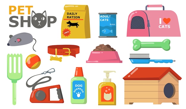 Huisdieren leveringen nat. voer en accessoires voor katten en honden verzorging, voerbak, halsband, borstel, speelgoed, riem, shampoo, blik, kennel. vectorillustratie voor dierenwinkel, huisdieren