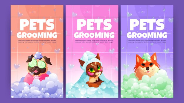 Huisdieren verzorgen posters met schattige honden en kat in bad met zeepschuim Vector banner van huisdier spa met cartoon afbeelding van gelukkige puppy's en kitten ontspannen in de badkamer