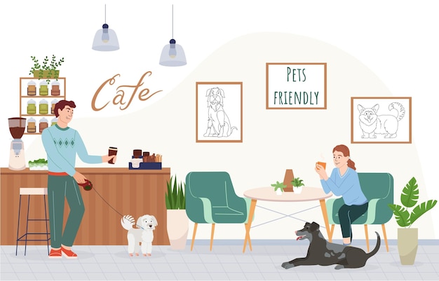 Huisdiervriendelijk interieurconcept met platte vectorillustratie van cafésymbolen