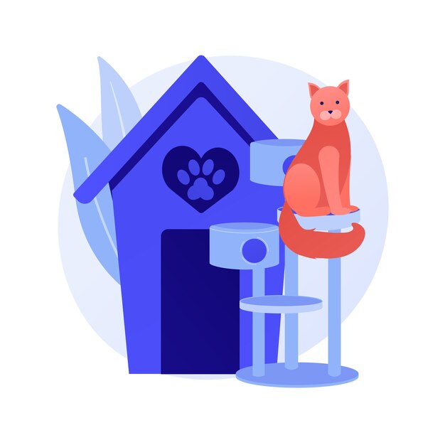 Huisdiervriendelijke omgeving. Huisdieren, café voor kattenliefhebbers, locatie in het kattencentrum. Huisdier poot silhouet op rood hart teken. Dieren hotel symbool. Vector geïsoleerde concept metafoor illustratie