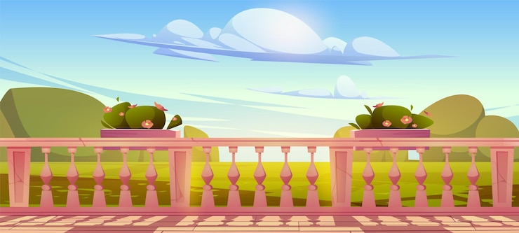 Gratis Vector huisterras, balkon met witmarmeren balustrade en bloemen in potten. vectorbeeldverhaalillustratie van leeg de bouwveranda, leuning met pijlers in klassieke stijl en tuinlandschap