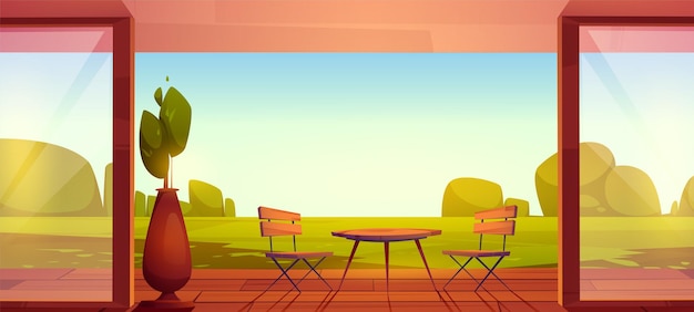 Huisterras, houten terras met tafel, stoelen en uitzicht op de tuin. Vectorbeeldverhaalillustratie met huisveranda met dak en glasmuren en landschap van binnenplaats met groen gazon en bomen