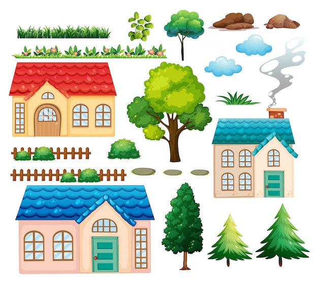 Gratis vector huizen en verschillende planten illustratie