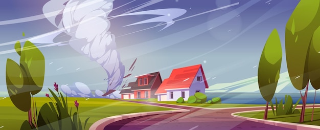 Gratis vector huizenvernietiging met tornado-catastrofe. natuurramp met orkaan, power twisted storm, wervelwind, schade aan gebouwen. cycloonzone, landschap met gebroken huizen, cartoon vectorillustratie