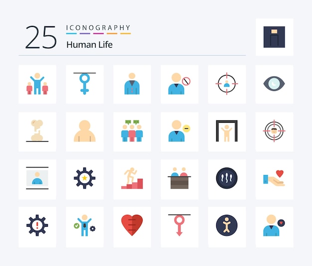 Human 25 flat color icon pack inclusief menselijk oog gericht op menselijk management