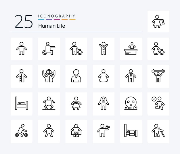 Human 25 Line icon pack inclusief kassier succes kind business kid