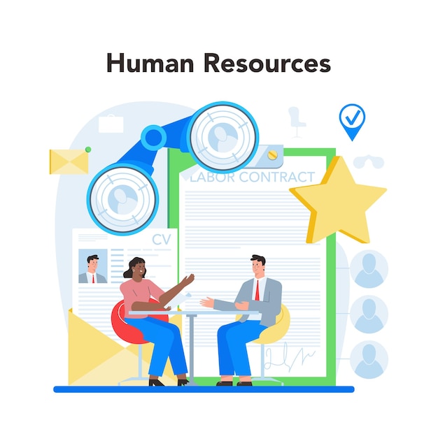 Human resources specialist concept idee van werving en baanbeheer hr-manager interviewt een sollicitant platte vectorillustratie