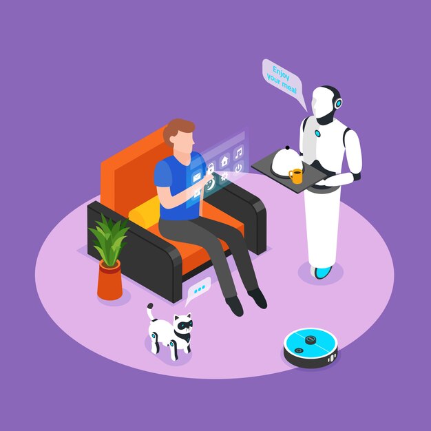 Humanoïde robotassistent bestuurd met holografisch paneel serveert slimme huisbewoners maaltijd isometrische achtergrondsamenstelling