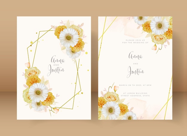 Huwelijksuitnodiging met aquarel gele roos en witte gerberabloem