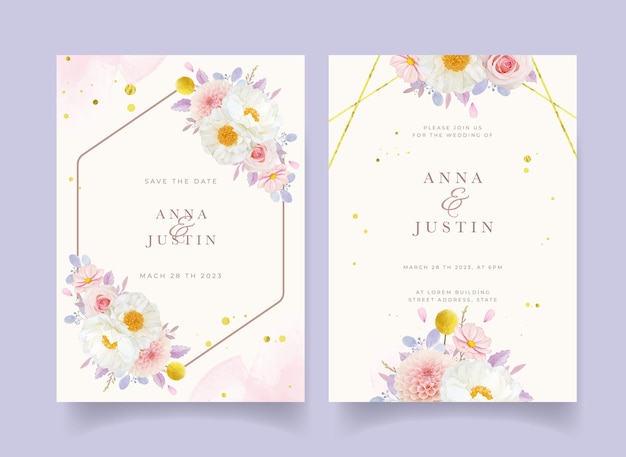 Huwelijksuitnodiging met aquarel roze rozen dahlia en pioenroos