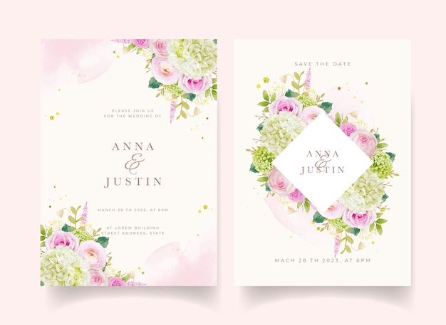 Huwelijksuitnodiging met aquarel roze rozen en hortensia