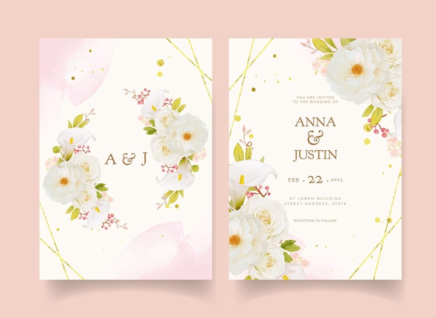 Huwelijksuitnodiging met aquarel witte rozen en calla lelie