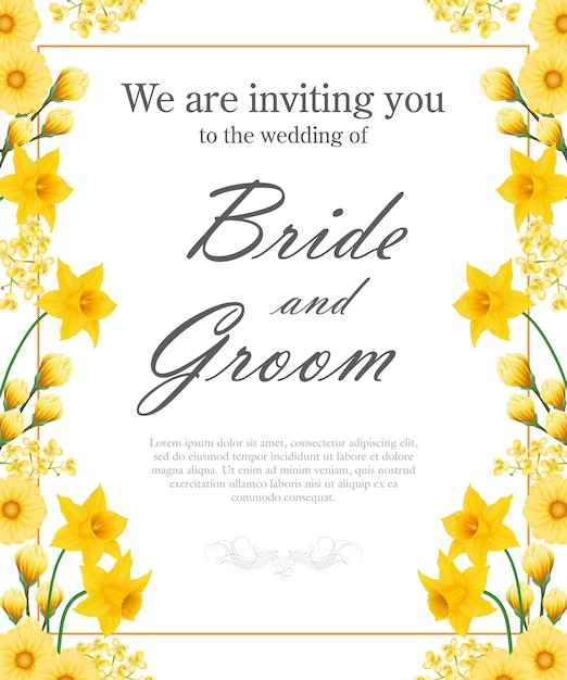 Huwelijksuitnodiging met gele gele narcissen en gerberas.