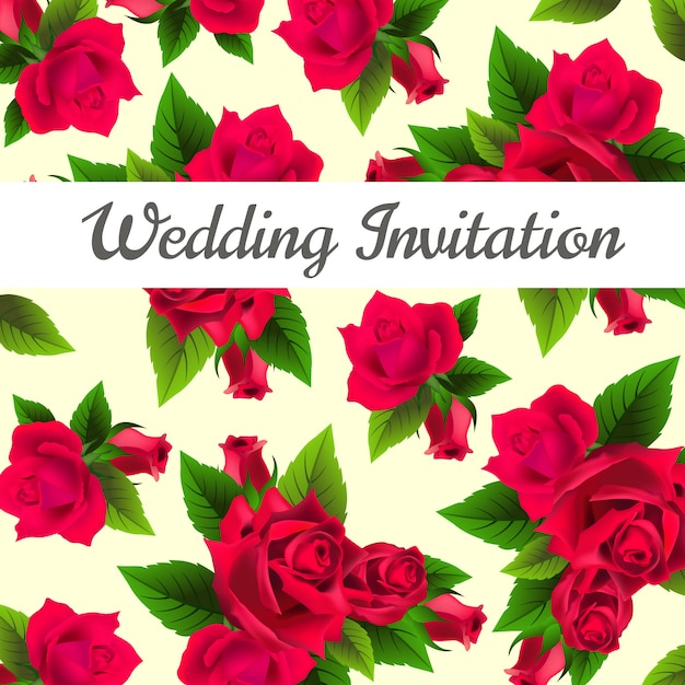 Gratis vector huwelijksuitnodiging met rode rozen en bladeren op achtergrond.