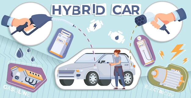 Hybride autocollage met benzine en batterijsymbolen vlakke vectorillustratie