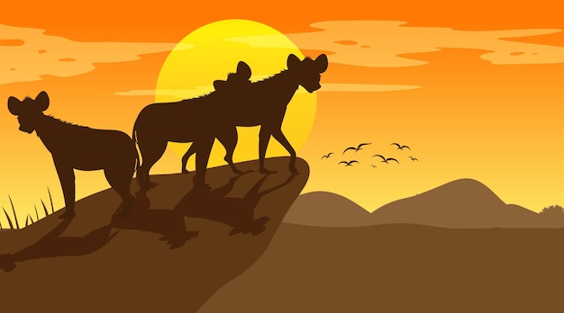 Gratis vector hyena's silhouet bij savannebos