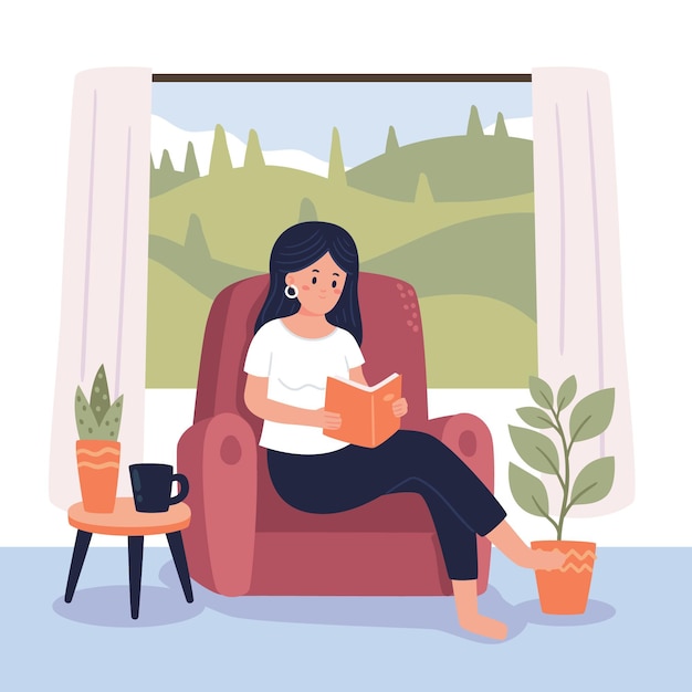 Gratis vector hygge lifestyle scènes vrouw lezen