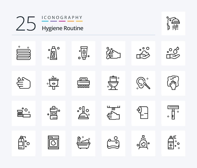 Hygiëne Routine 25 Line icon pack inclusief douche badkamer gezichtswastafel zeep